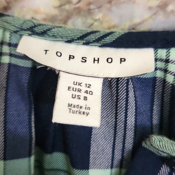 Topshop collared shirt blue plaid Peasant Baloon Sleeve Bohemian 8 Cottagecore - Picture 7 of 13